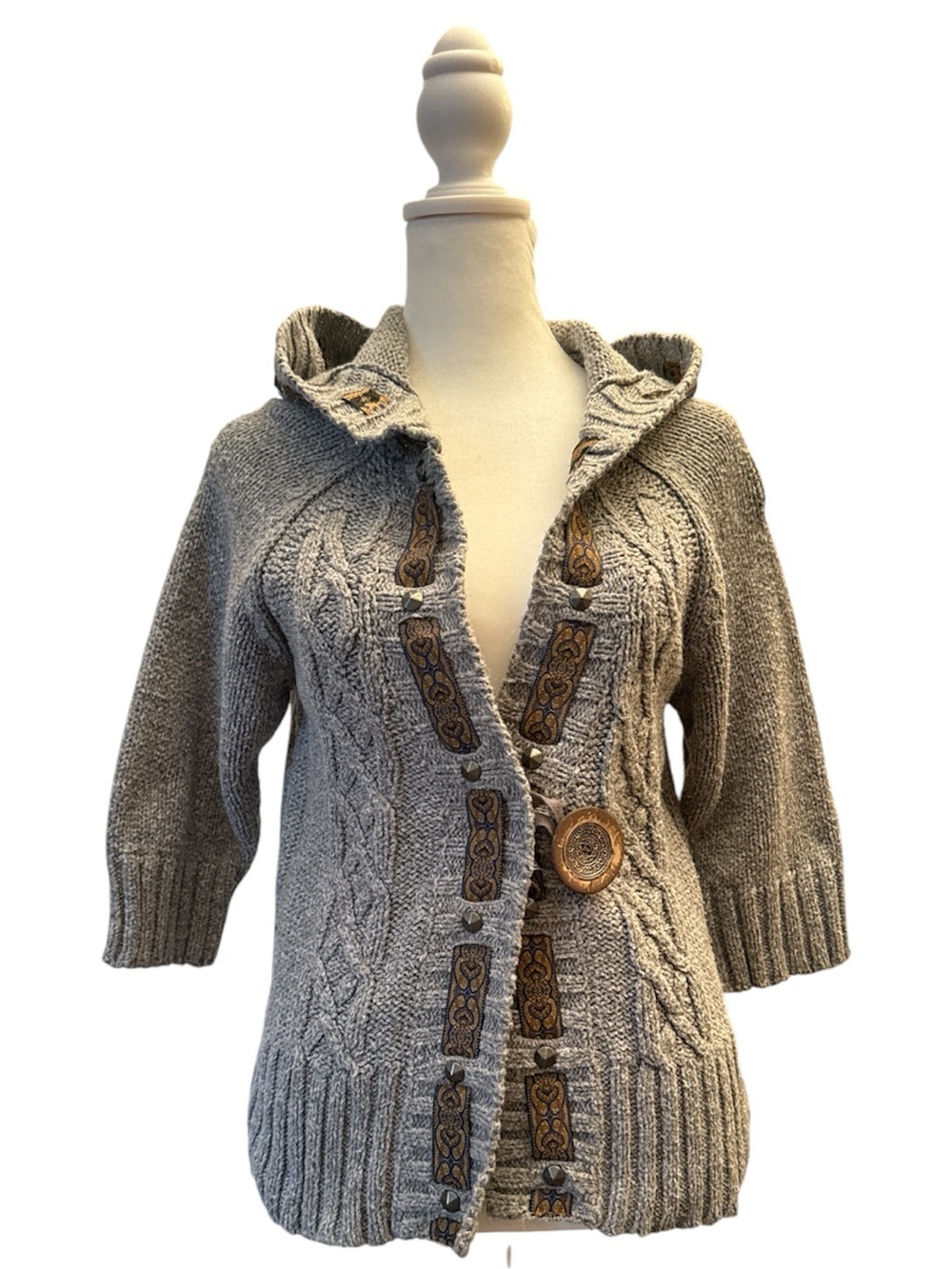 American Rag Gray Hooded Cable-Knit Cardigan with Decorative Trim